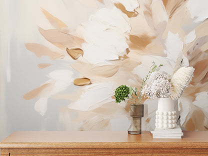 Styled mantel vignette with the Alabaster Bloom mural behind a distressed wood fireplace and candles