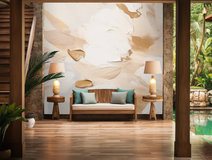 Console table vignette showing scale of the mural with decorative vases and dried florals