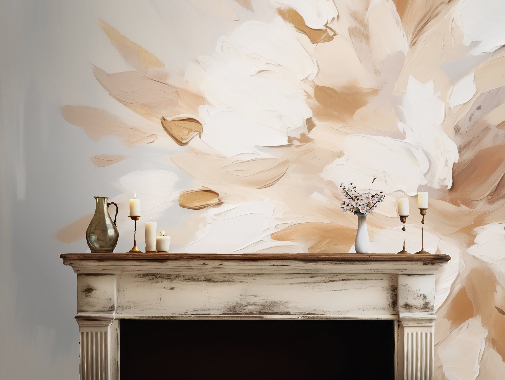Close-up of large painterly brushstrokes in cream, beige and warm caramel on a pale gray-blue background