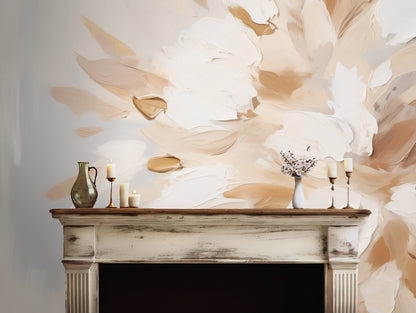 Close-up of large painterly brushstrokes in cream, beige and warm caramel on a pale gray-blue background
