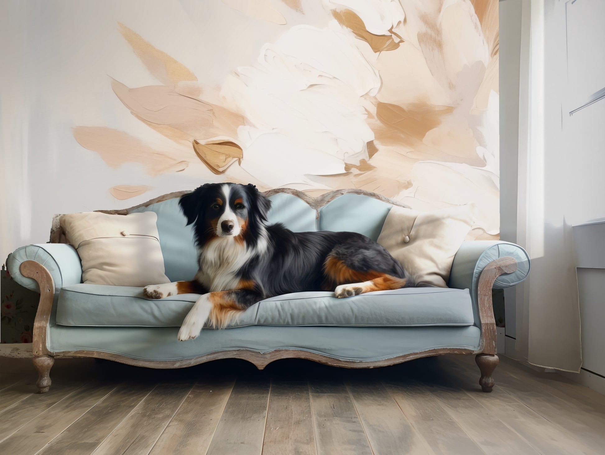 Close crop highlighting warm caramel leaf shapes and soft blending into the neutral background