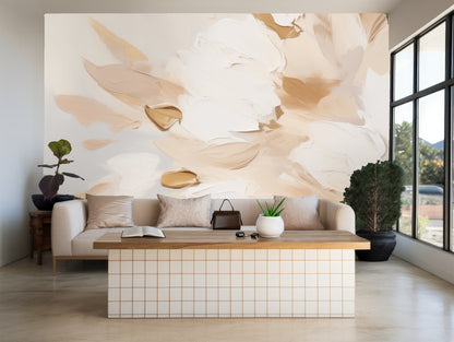 Living area shot showing the mural as a focal wall behind a bench with teal and gray cushions