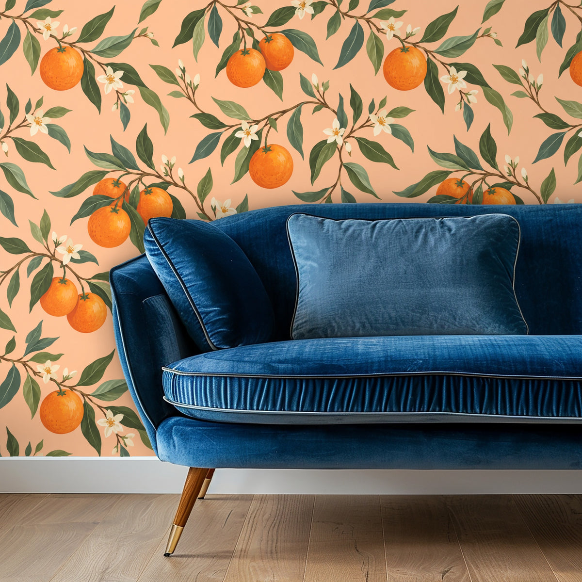 Detail of the wallpaper behind a blue velvet sofa, showing scale of fruit and leafy branches.