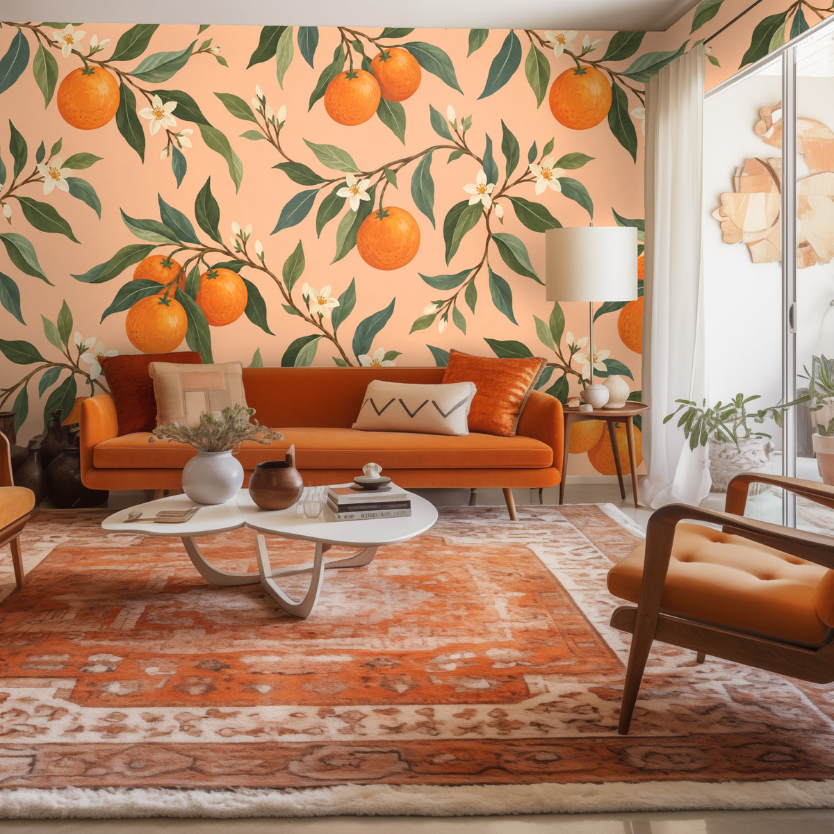 Repeat wallpaper pattern close-up showing painted oranges, green leaves and white blossoms on an apricot background.