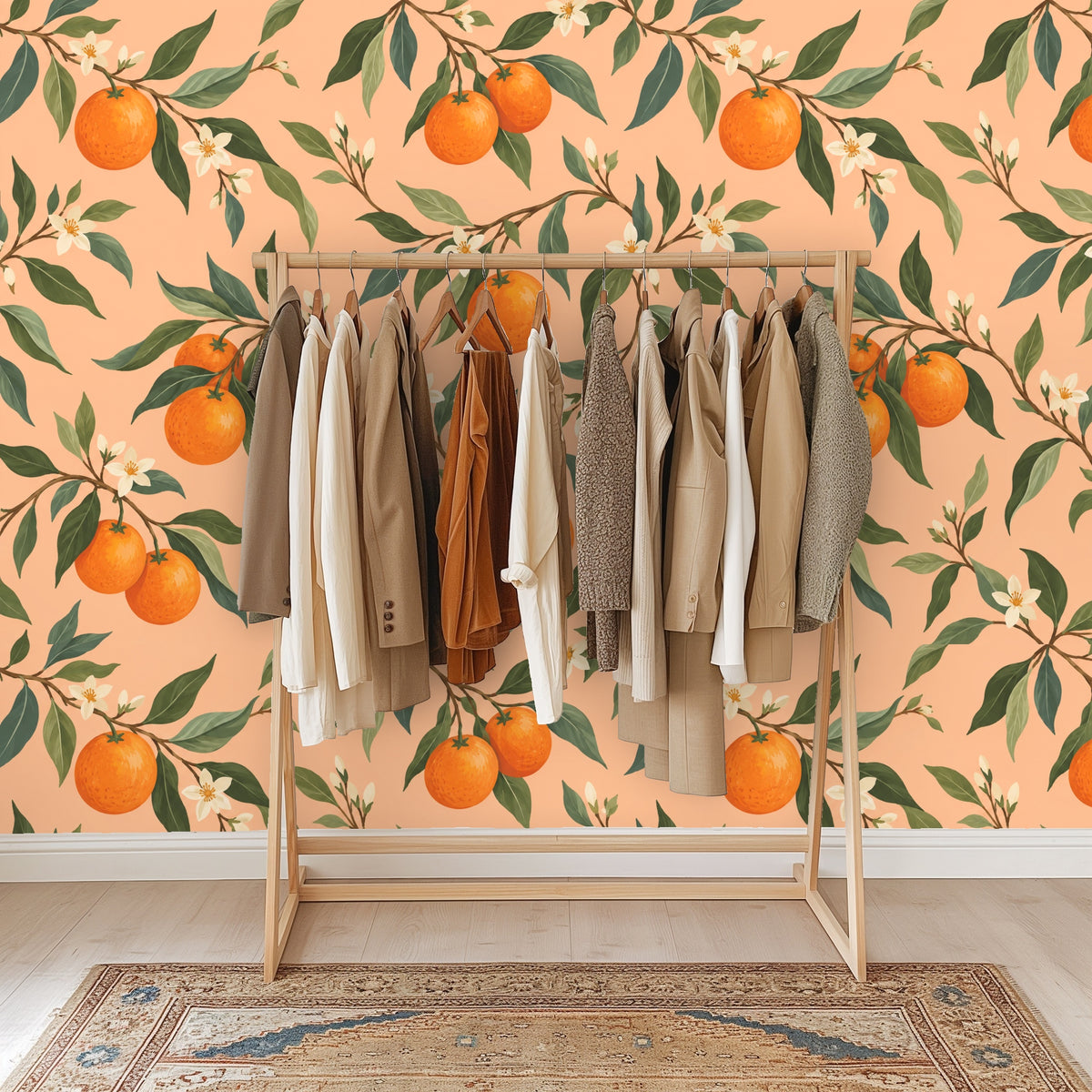 Living room with an apricot orchard mural behind an orange velvet sofa and a patterned orange rug.