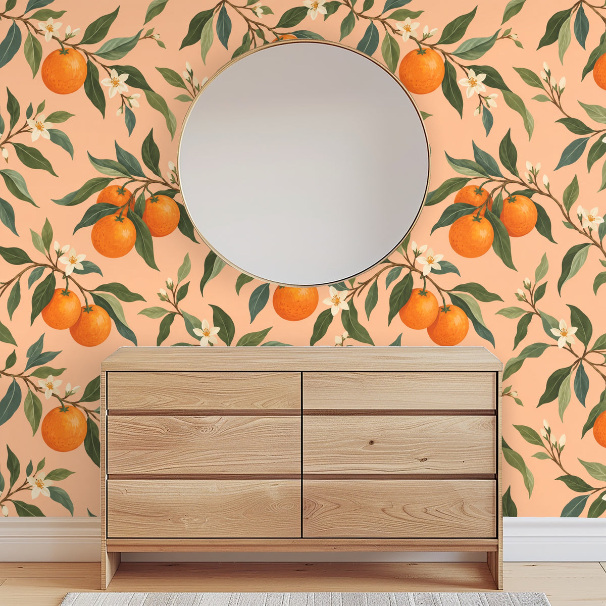 Corner composition showing wallpaper wrapping a small hall with oranges and leaves cascading.