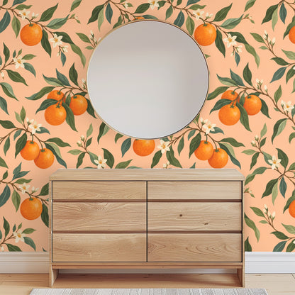 Corner composition showing wallpaper wrapping a small hall with oranges and leaves cascading.