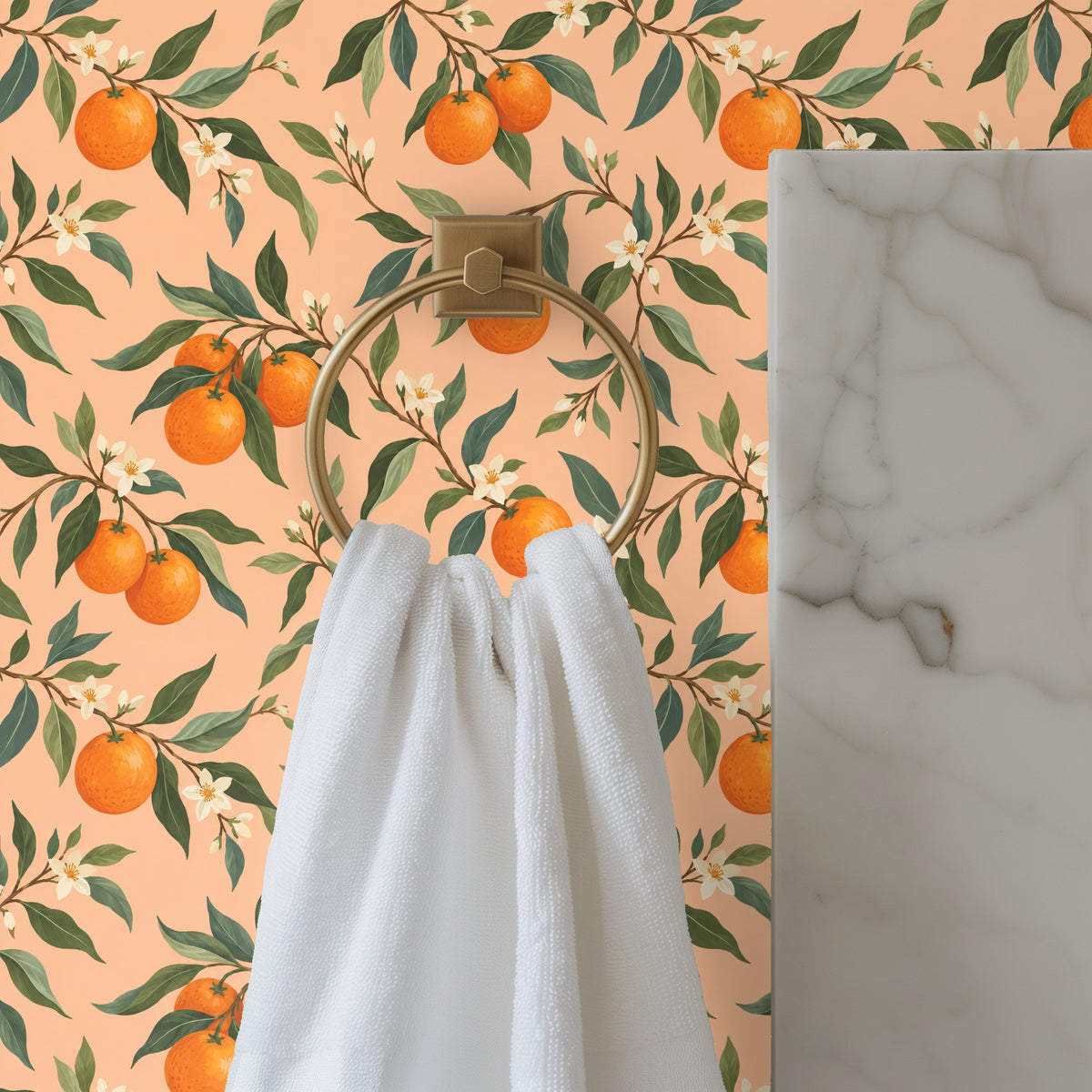 Close-up of wallpaper pattern behind a towel ring in a bathroom, white floral blossoms visible.