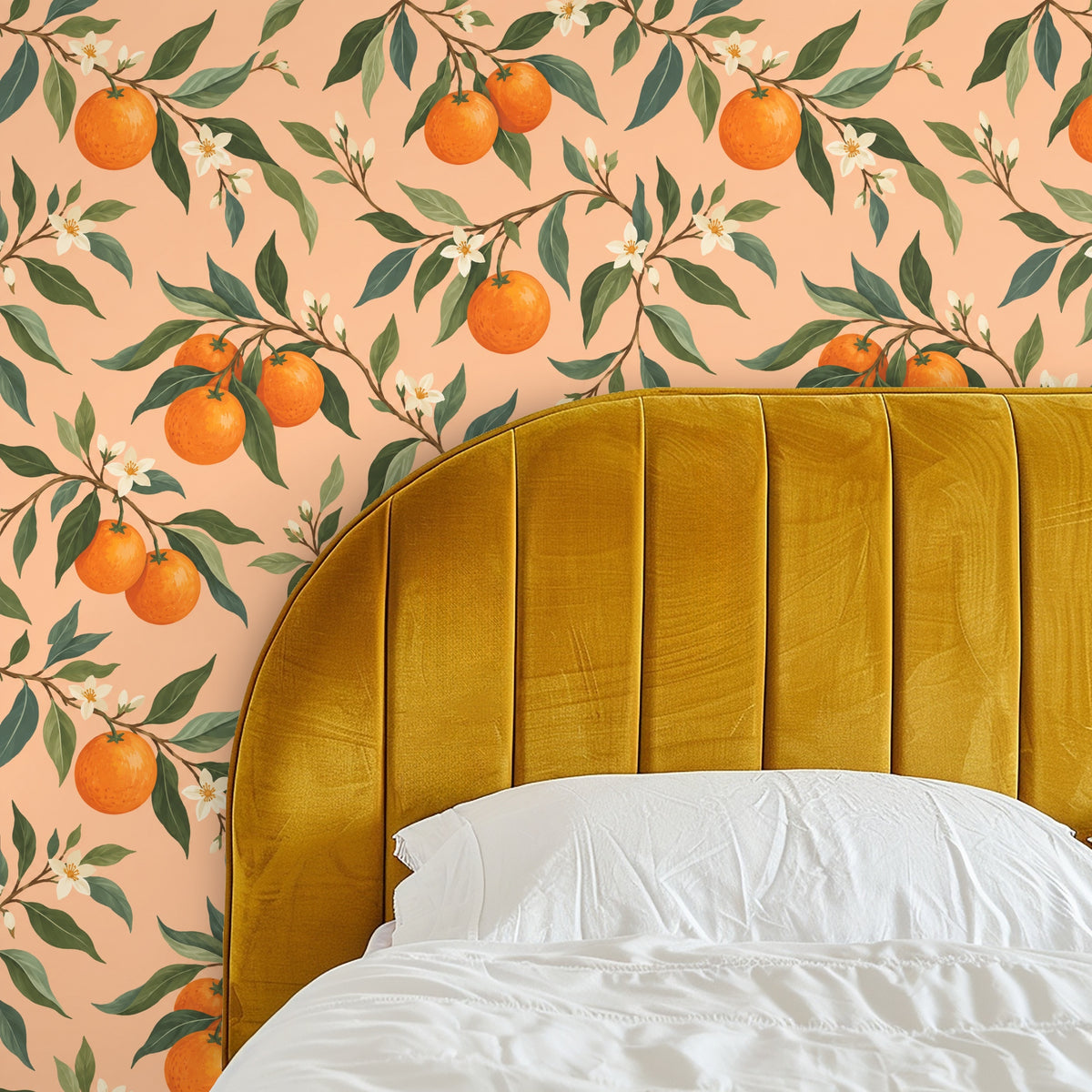 Bedroom headboard shot with the wallpaper showing repeating orange fruit and foliage.