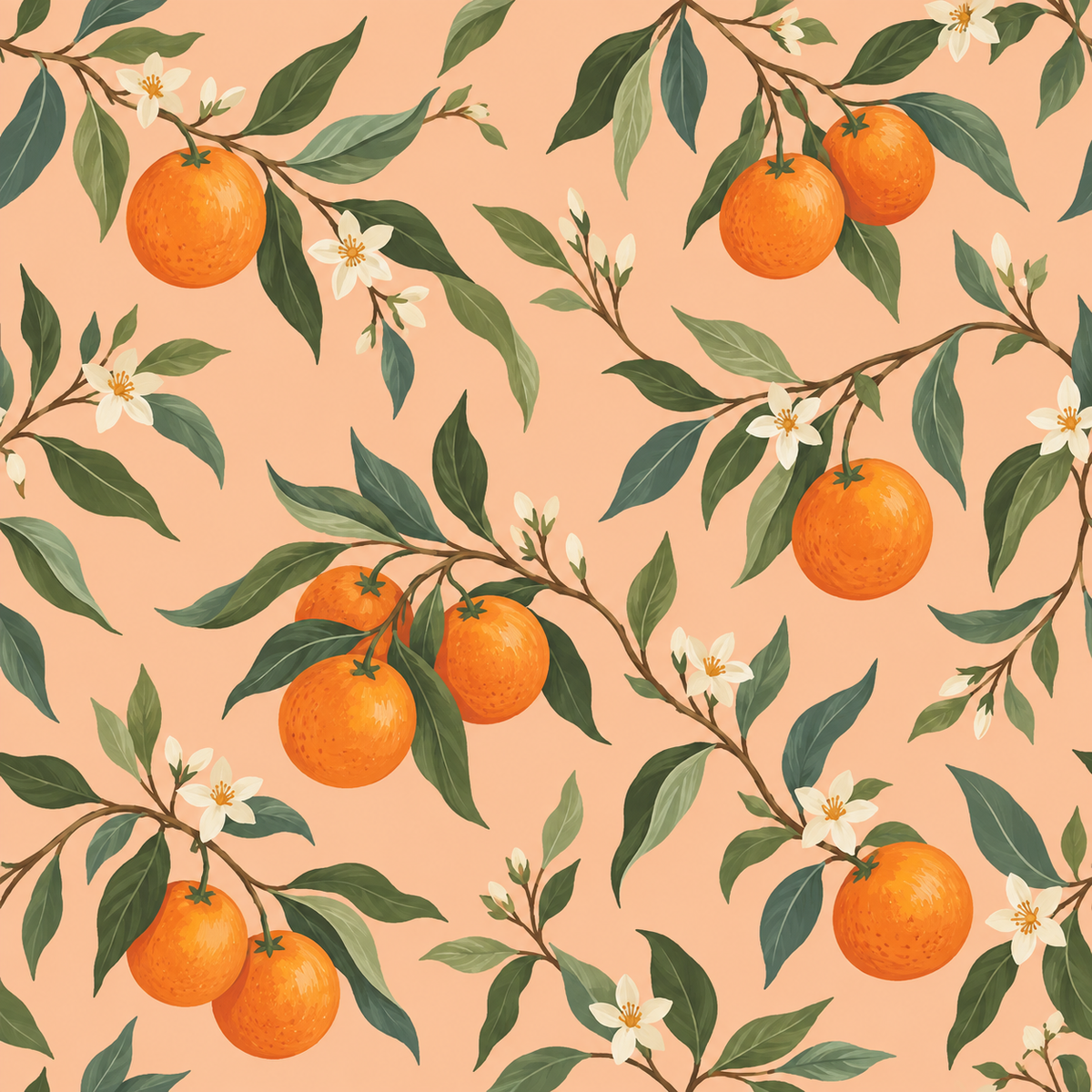 Pattern detail highlighting brush texture, cream blossom centers and variegated green leaves.
