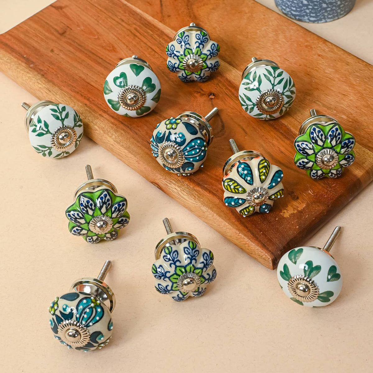 Set of 12 Garden Green Ceramic Knobs by Perilla Home