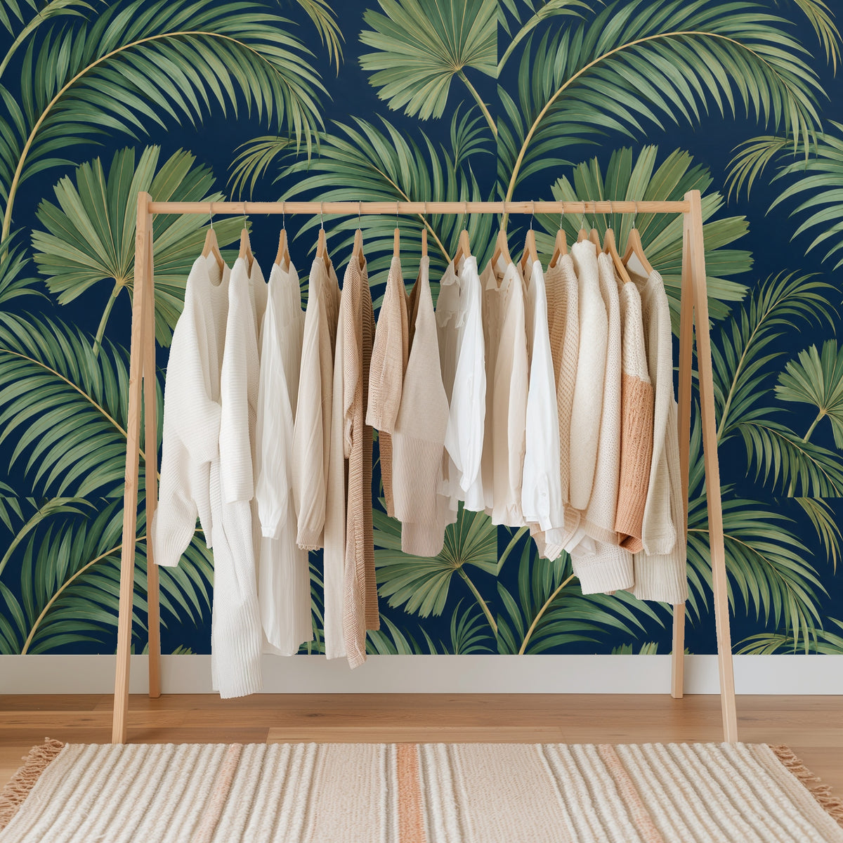 Cropped repeat showing overlapping fronds and subtle gold stems for a painterly texture