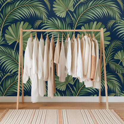 Cropped repeat showing overlapping fronds and subtle gold stems for a painterly texture