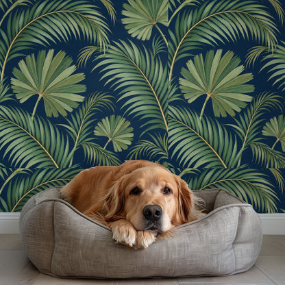 Detail of the wallpaper behind a wooden ladder holding a folded blanket, showing leaf scale and repeat