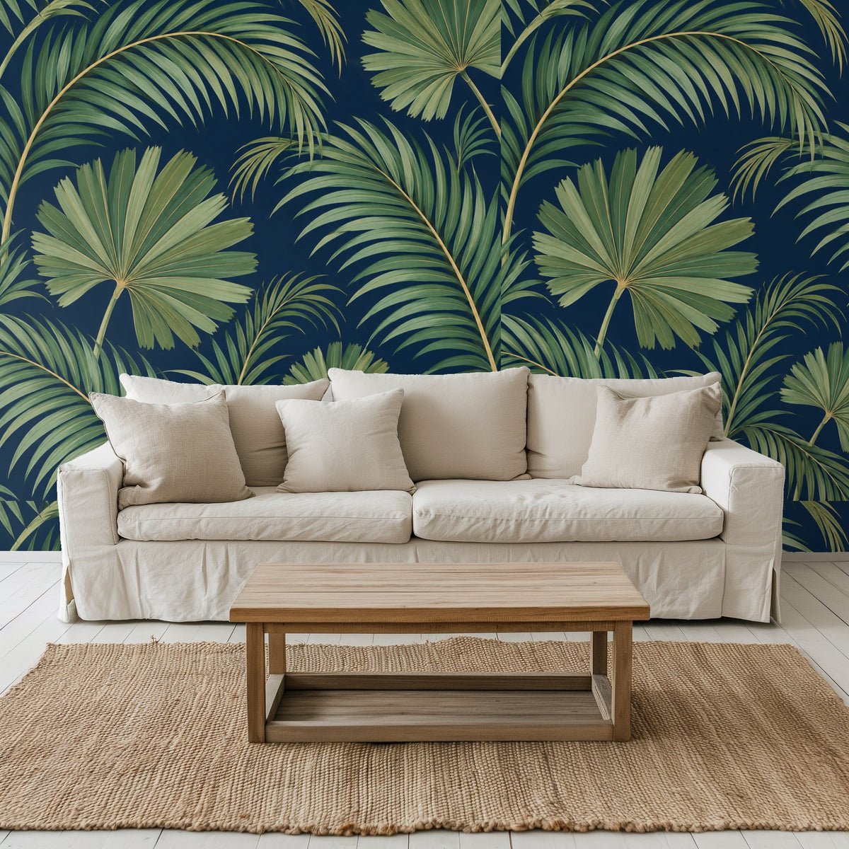 Room view with a dog bed in front of the navy wallpaper featuring layered palmetto fronds