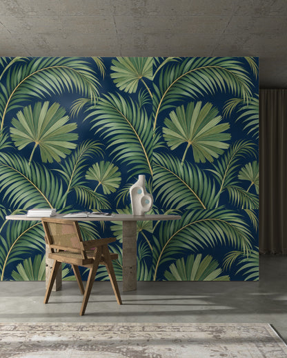 Close-up of Midnight Palmetto artwork showing large fan and feathered palm leaves on an indigo background