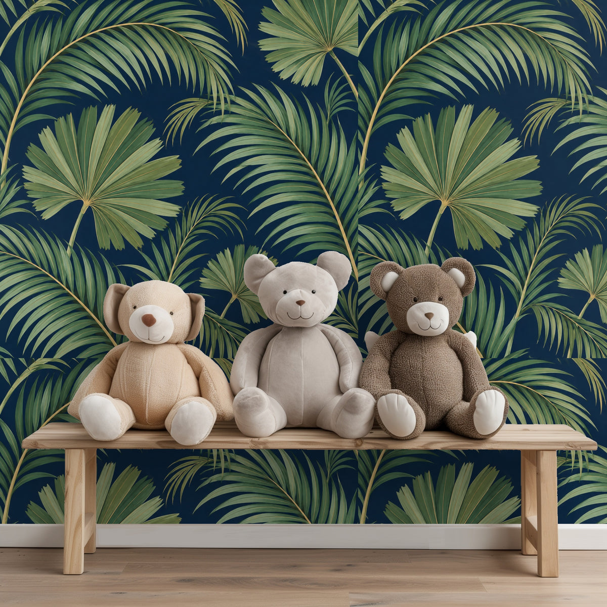 Playful vignette: three stuffed animals seated on a bench in front of the palm wallpaper