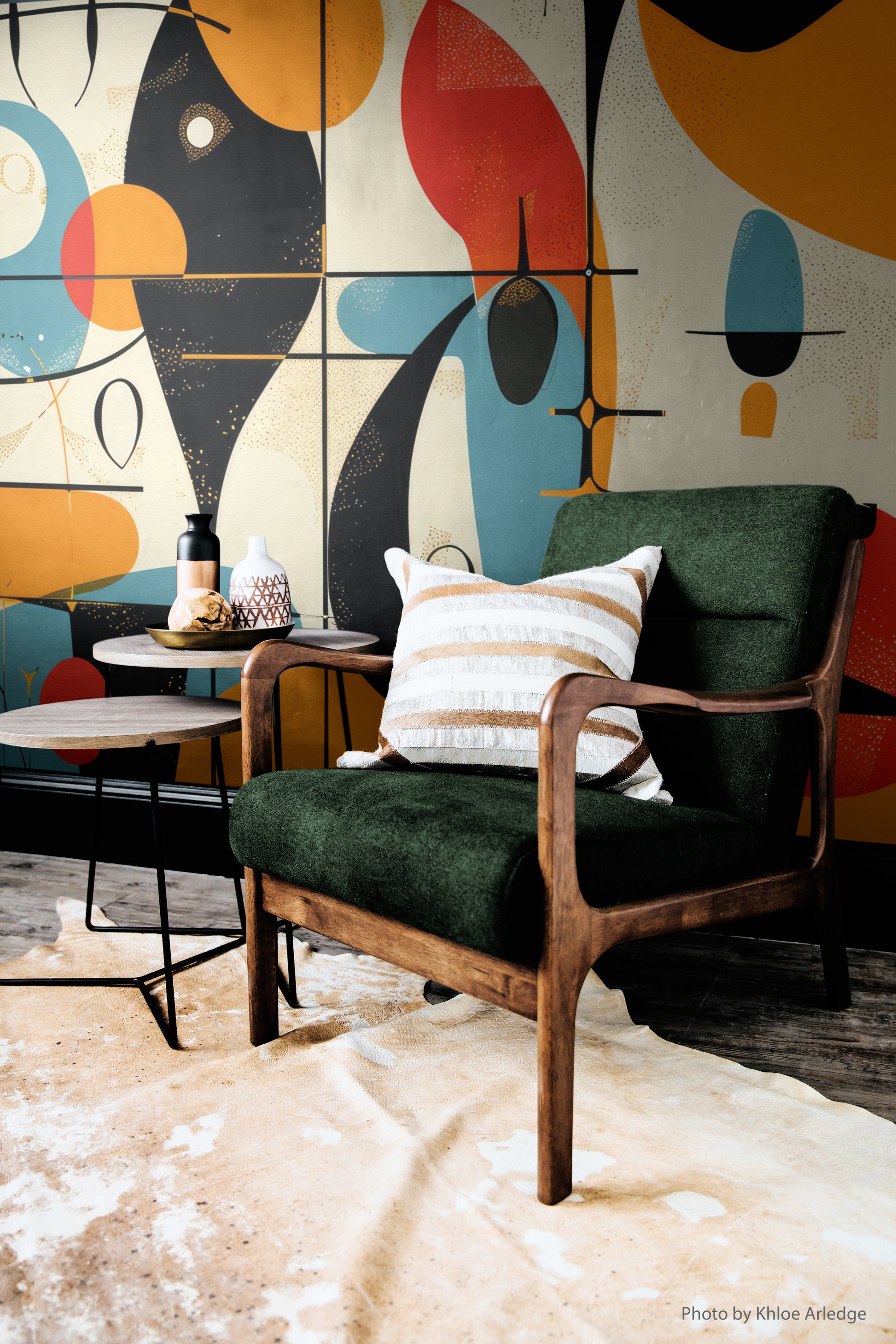 Abstract Mid Century Whimsy orange blue black yellow removable wallpaper