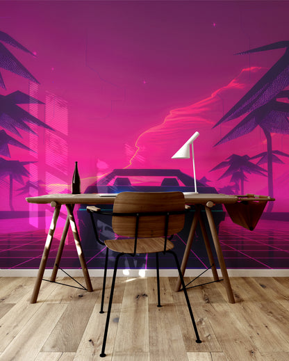 Neon Sunset Horizon 80s synthwave retro peel and stick wallpaper mural