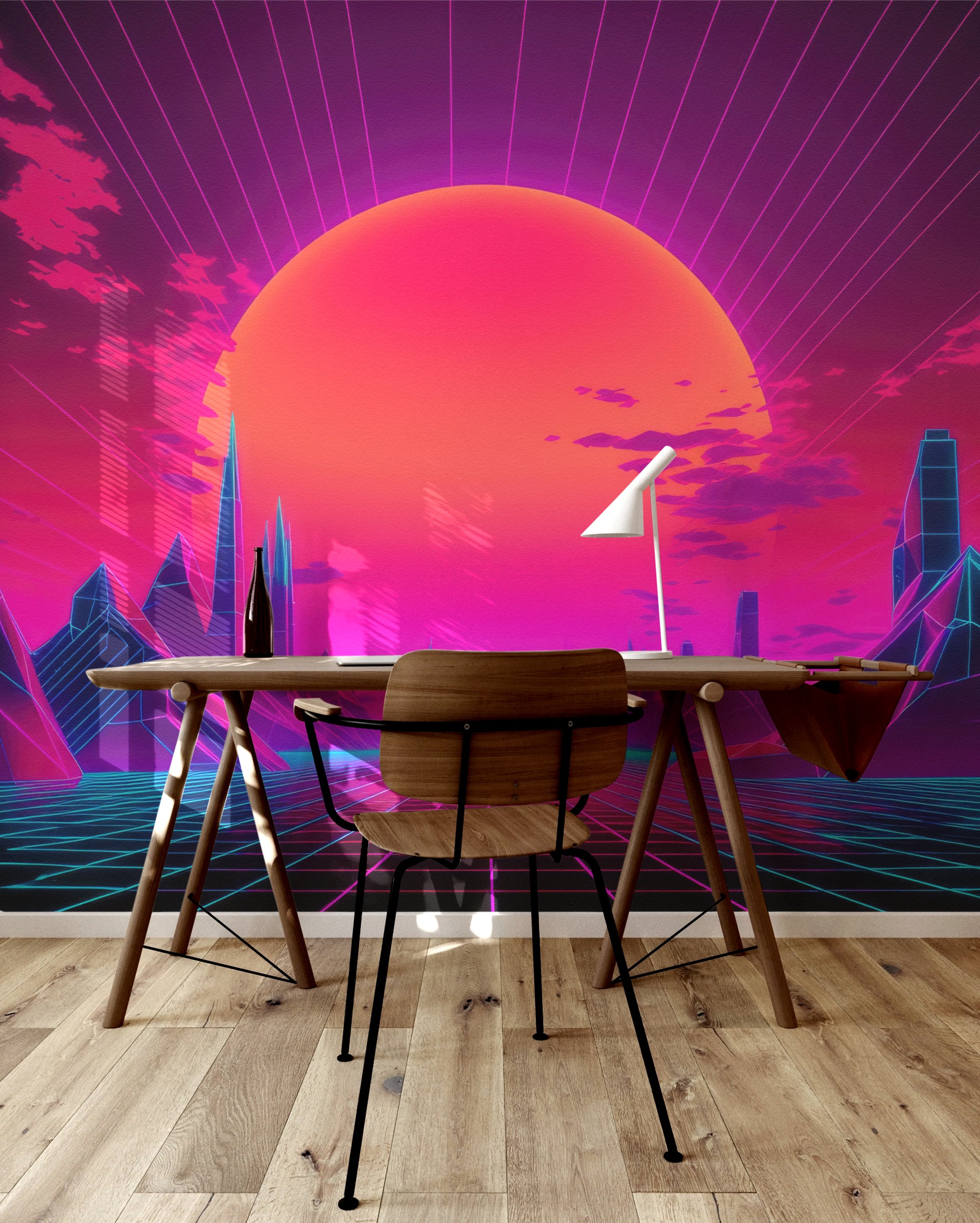 Retro Futuristic Sunset Glow neon 80s cityscape removable wallpaper mural