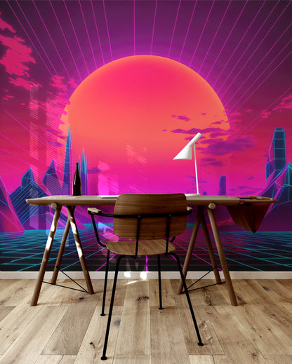 Retro Futuristic Sunset Glow neon 80s cityscape removable wallpaper mural