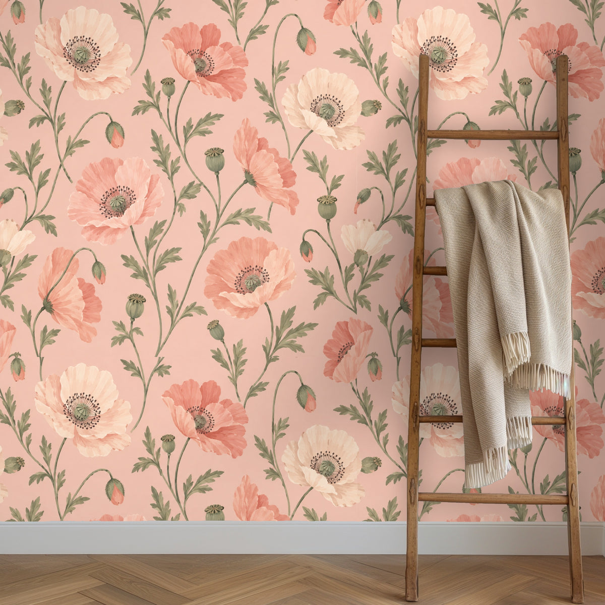 Close crop of the floral pattern showing delicate brushwork on poppy petals and tall, curving stems.