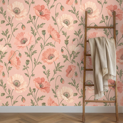 Close crop of the floral pattern showing delicate brushwork on poppy petals and tall, curving stems.