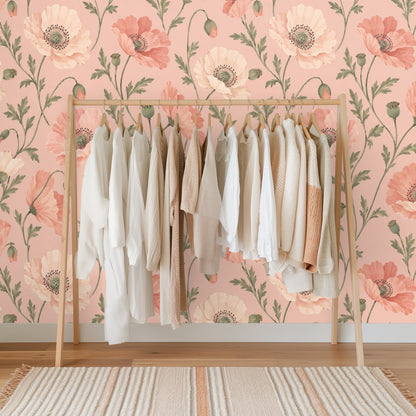 Wallpapered wall with a wooden ladder leaning against it, highlighting scale of the poppy motif.