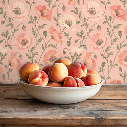Flat repeat artwork of painterly poppies in coral and cream on a soft blush background with sage green stems.