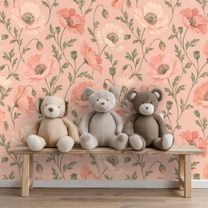 Wall with a clothing rack in front, demonstrating the wallpaper as a dressing area backdrop.