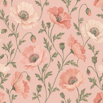 Still-life close-up with a bowl of peaches in front of the poppy wallpaper to illustrate warm, summer-toned color pairing.