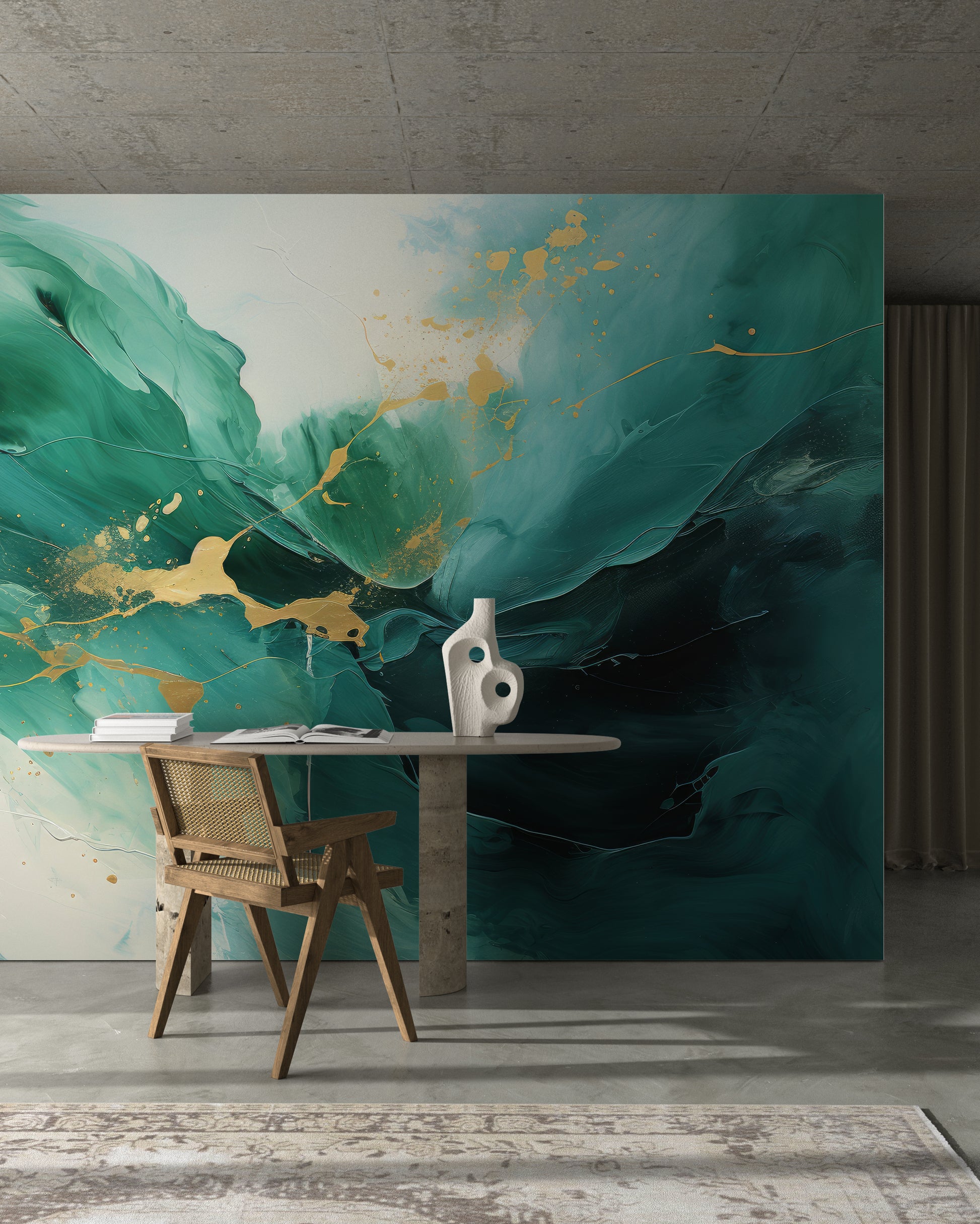 Majestic Green Splash Flow teal gold abstract removable wallpaper mural