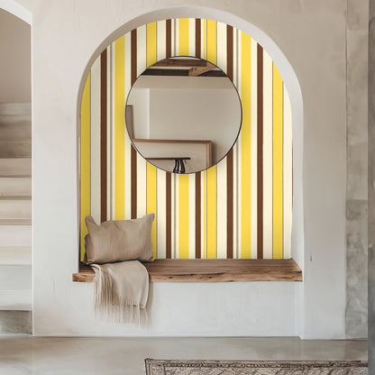 Close vignette of a leather chair against the stripe wallpaper showing scale of the pattern and rich chocolate bands