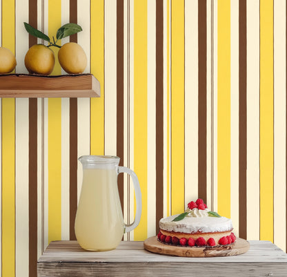 Children’s room with twin beds and a feature wall in Cocoa Ribbon Stripe, pairing playful yellow stripes with neutral furnishings