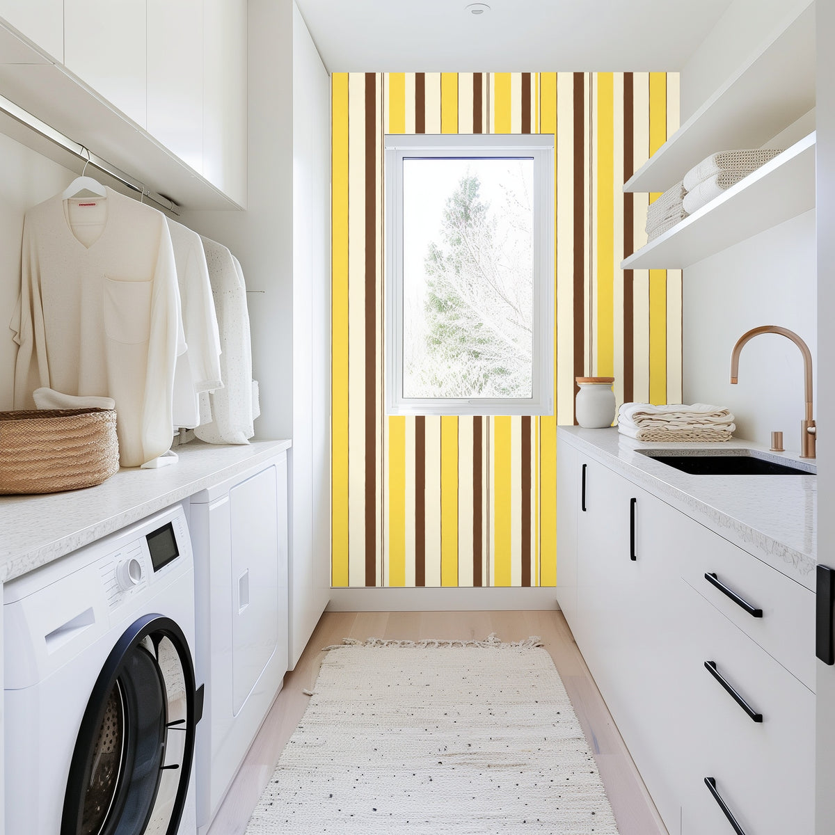 Straight-on wall view of the wallpaper pattern showing even vertical repeat and slight painterly edge detail