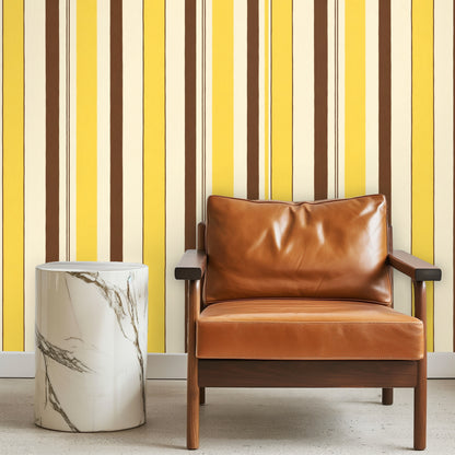 Full repeat of Cocoa Ribbon Stripe artwork showing alternating wide chocolate and yellow vertical bands with cream background and hand-drawn