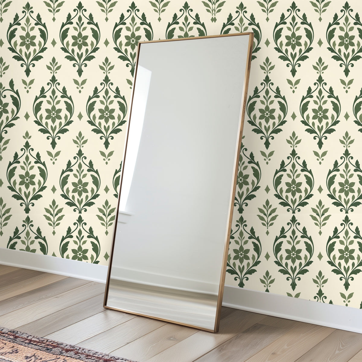 Sunlit room with exposed beams showing full-height sage arabesque wallpaper