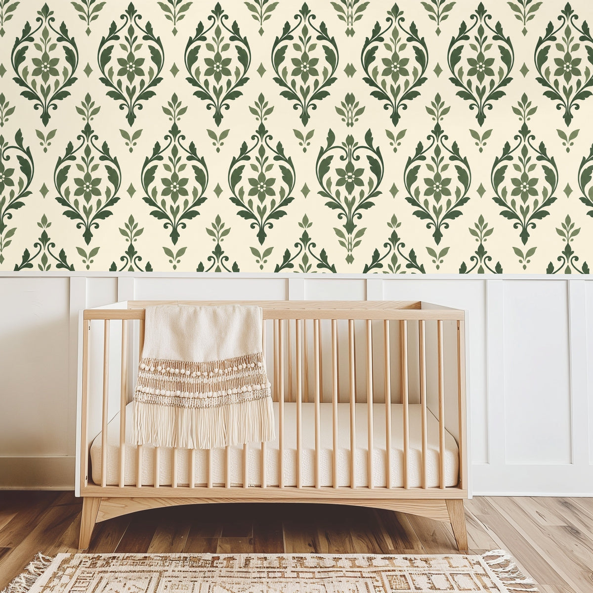 Living room with white sofa and patterned sage arabesque wallpaper framed by arched doorway