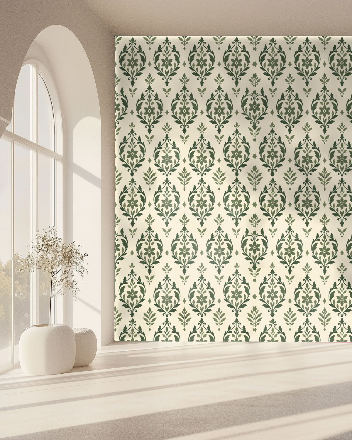 Nursery vignette with crib and half-wall wainscoting paired with sage arabesque wallpaper above