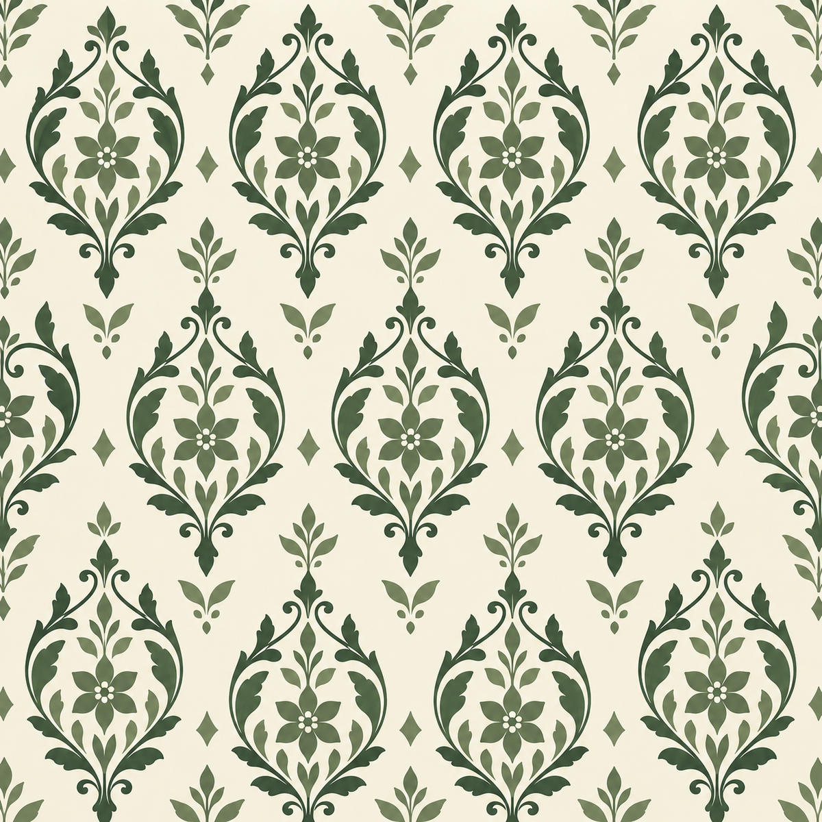 Large photo-wall mockup showing the repeating arabesque pattern in soft greens on cream