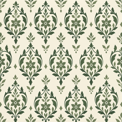 Large photo-wall mockup showing the repeating arabesque pattern in soft greens on cream