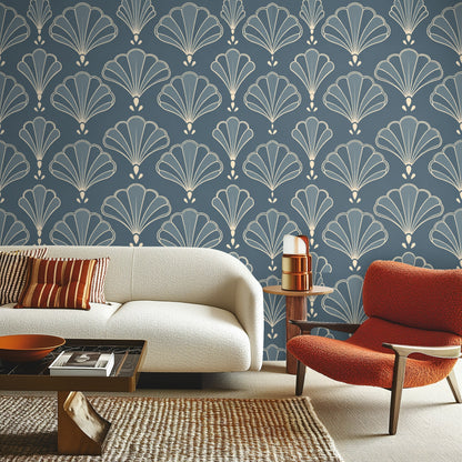 Open medicine cabinet mounted on Tidal Fan wallpaper showing the pattern in a small bathroom