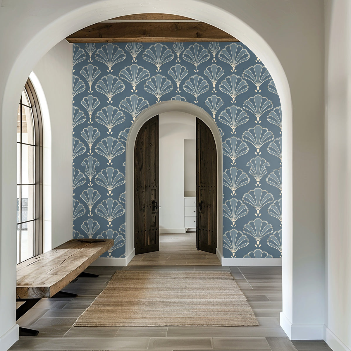 Flat repeat: cream fan-shaped scallop pattern on a deep slate-blue background