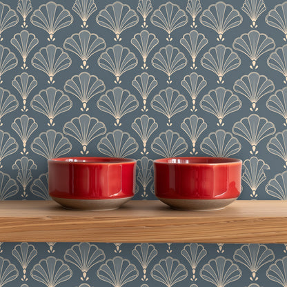 Wood cabinet interior photographed against the wallpaper to show motif continuity around fixtures