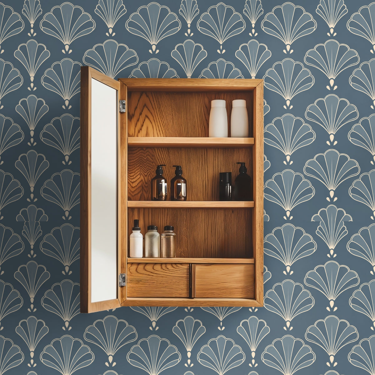 Entryway with arched doorway covered in Tidal Fan wallpaper to show full-wall scale