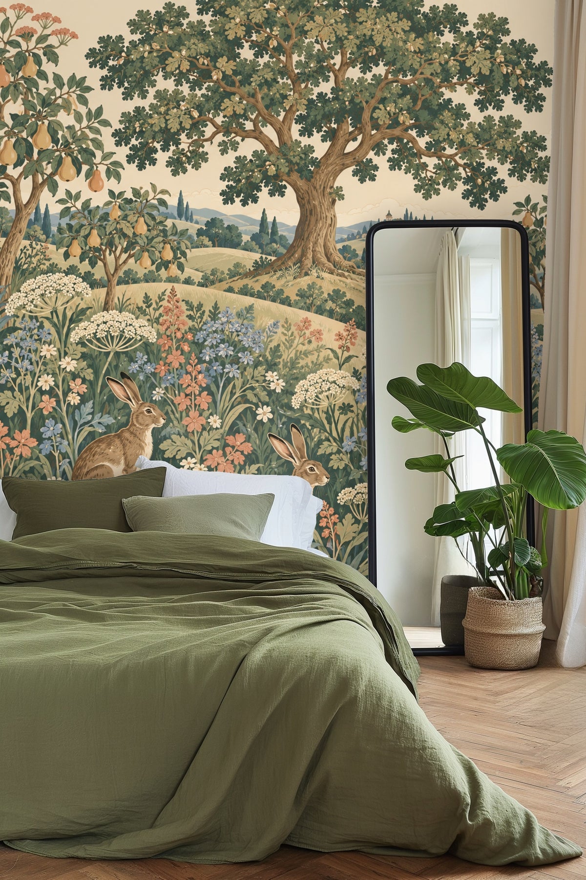 Bird perched on a branch of pear tree in Hilltop Hare Garden wallpaper