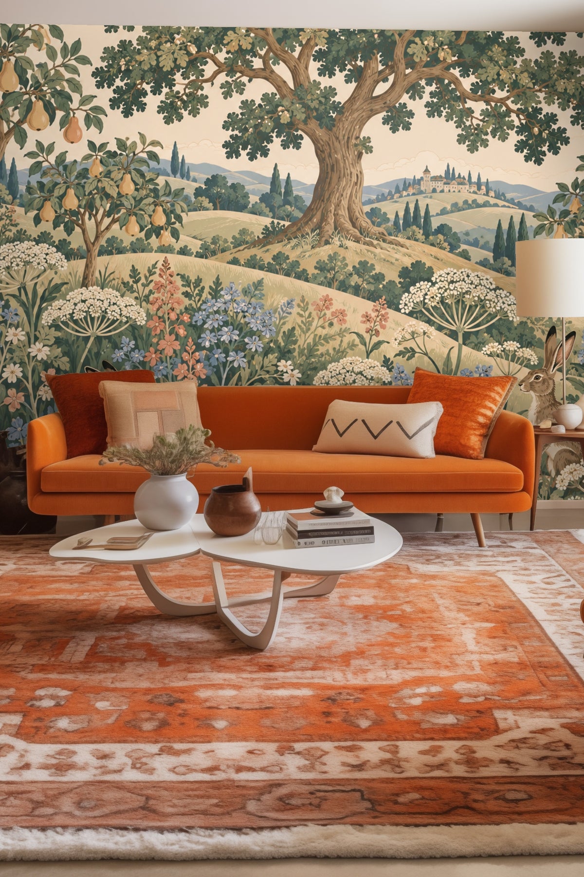 Original Hilltop Hare Garden wallpaper artwork detail with hares, oak and pear trees