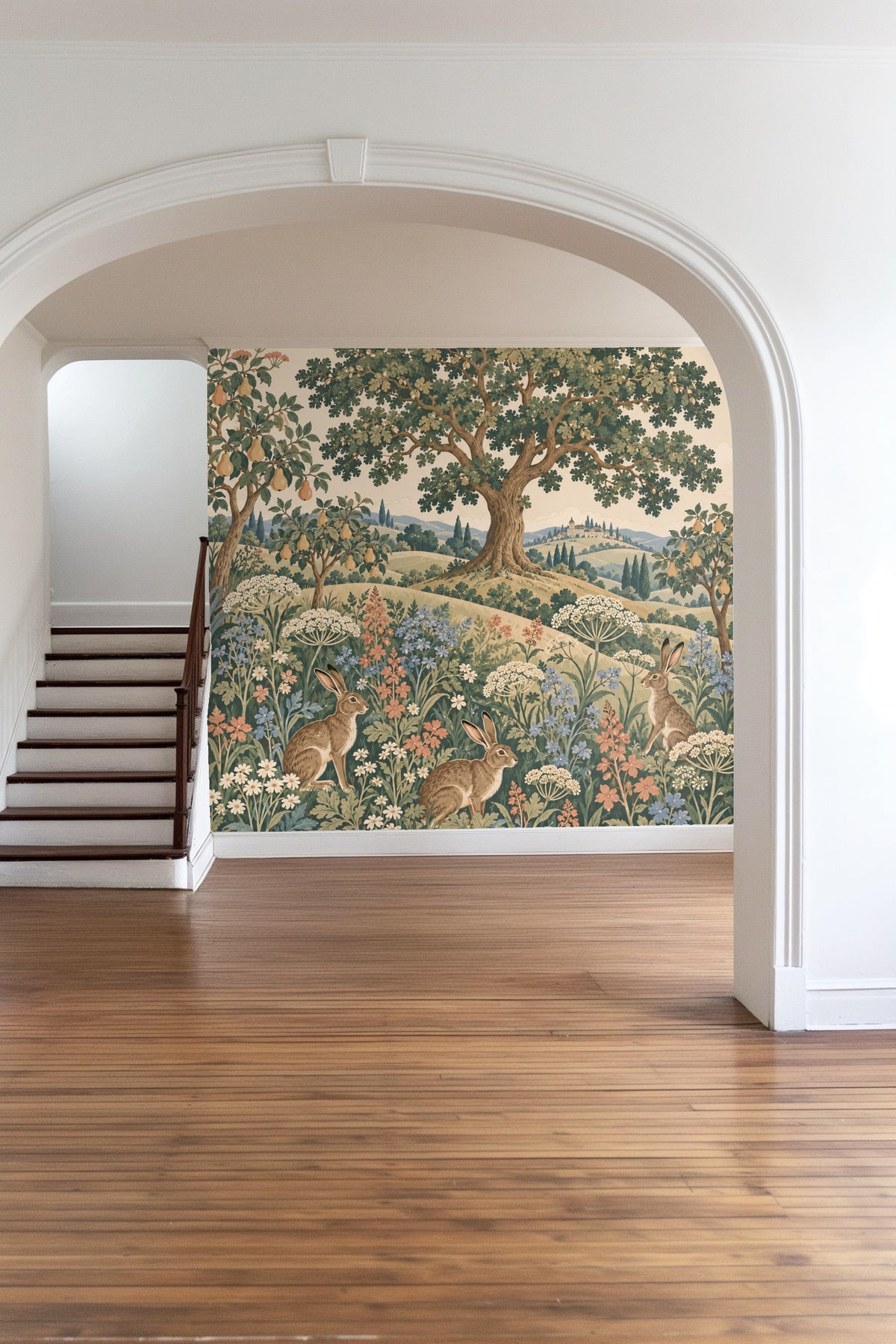 Room ambiance featuring soft lighting and natural textures with Hilltop Hare Garden wallpaper