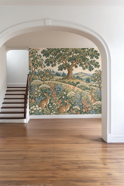 Room ambiance featuring soft lighting and natural textures with Hilltop Hare Garden wallpaper