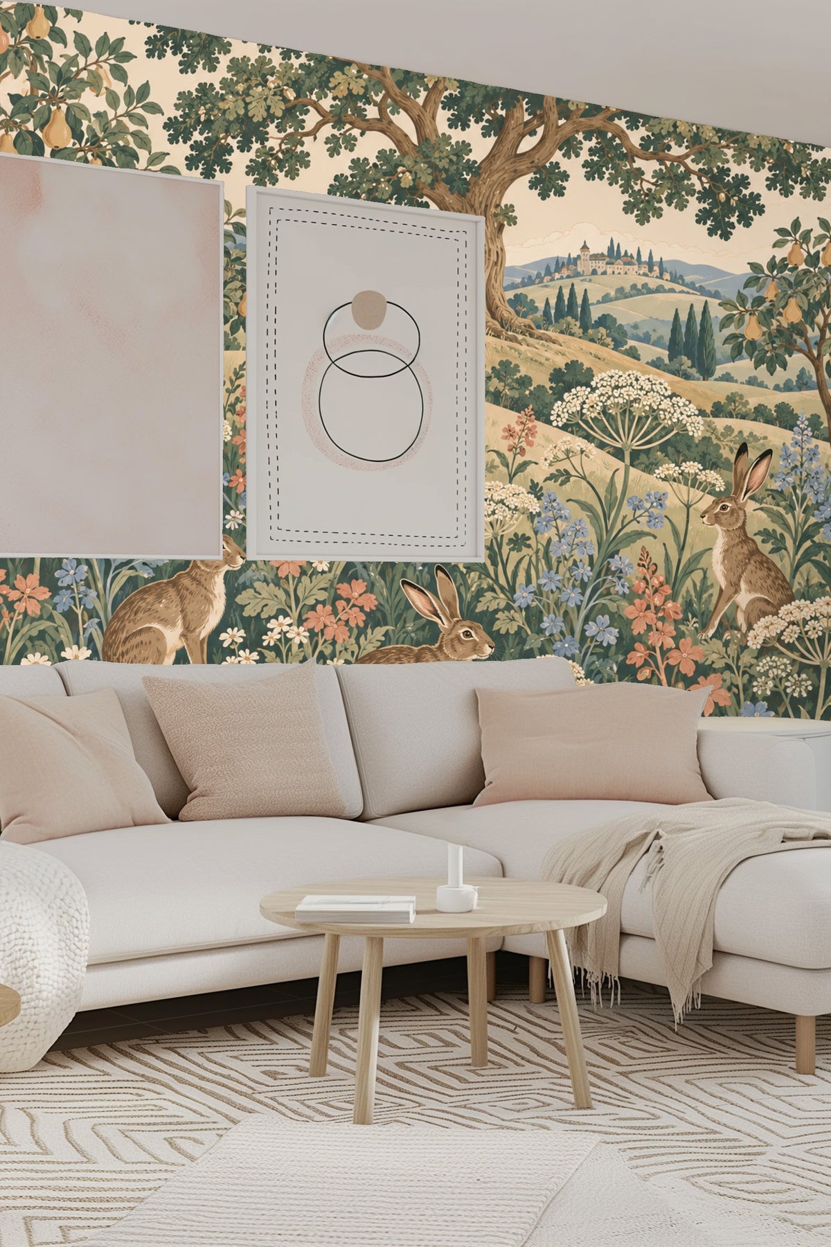 Various blossoming flowers with detailed leaves in Hilltop Hare Garden wallpaper